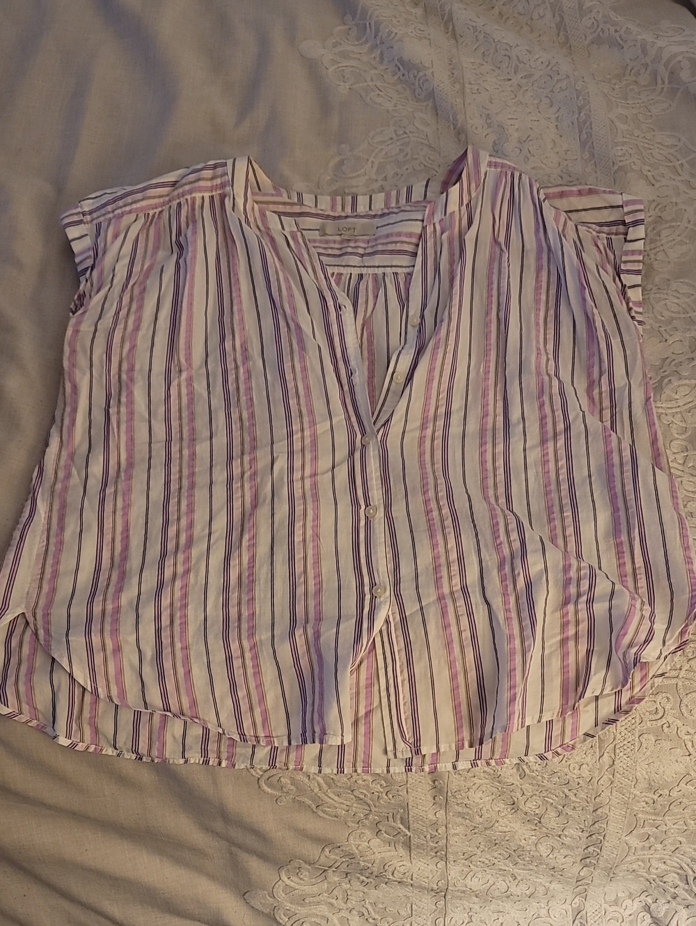 LOFT Striped Button-Front V-Neck Blouse in White and Purple